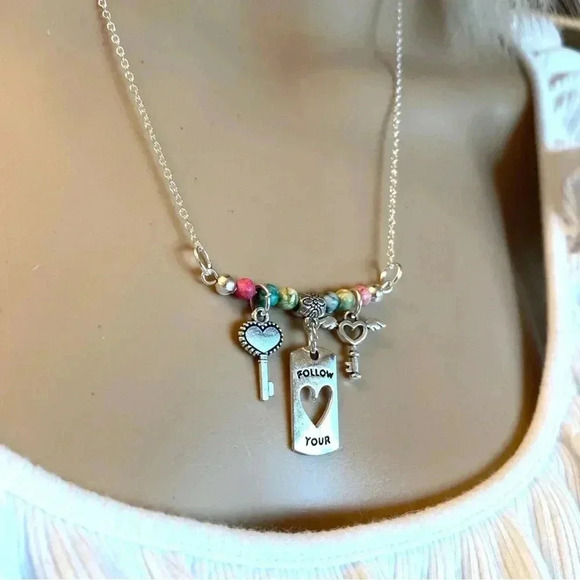 FOLLOW YOUR HEART Gemstone Beaded Silver Plate Chain Bar Charm Necklace 19” - Picture 4 of 6